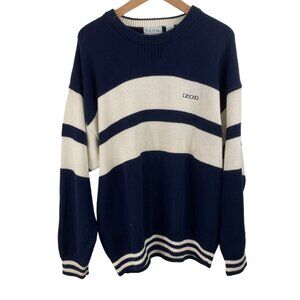 IZOD Vintage 90s Mens Size Large Blue/Cream Striped Long Sleeve Crewneck Sweater